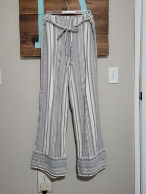 Express Cream and Gray Striped Wide-Leg Elastic Waist Coastal Pants Medium